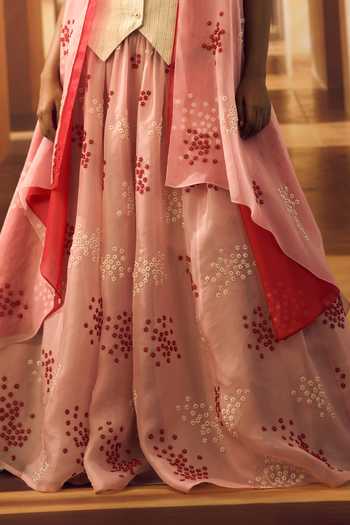 Shop_Vivek Karunakaran_Pink Cotton, Organza Open Neck Floral Embroidered Jacket And Lehenga Set _Online_at_Aza_Fashions