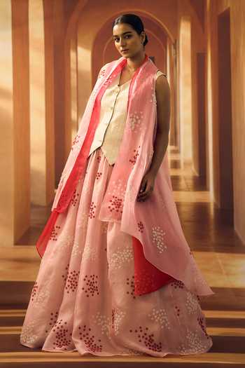Vivek Karunakaran_Pink Organza V-neck Embroidered Jacket Skirt Set _Online_at_Aza_Fashions