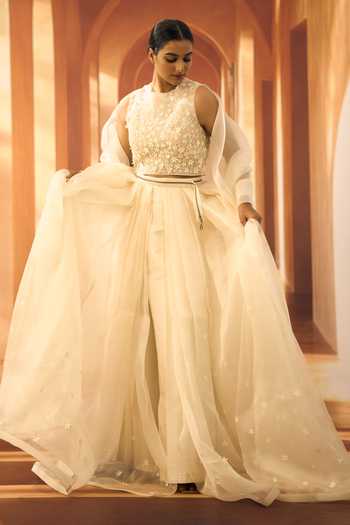 Buy Vivek Karunakaran Off White Organza Round Neck Embroidered Blouse Lehenga Set at Aza Fashions Buy_Vivek Karunakaran_Off White Organza Round Neck Embroidered Blouse Lehenga Set _at_Aza_Fashions