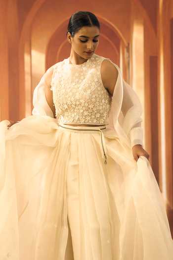 Buy Vivek Karunakaran Off White Organza Round Neck Embroidered Blouse Lehenga Set Online at Aza Fashions Buy_Vivek Karunakaran_Off White Organza Round Neck Embroidered Blouse Lehenga Set _Online_at_Aza_Fashions