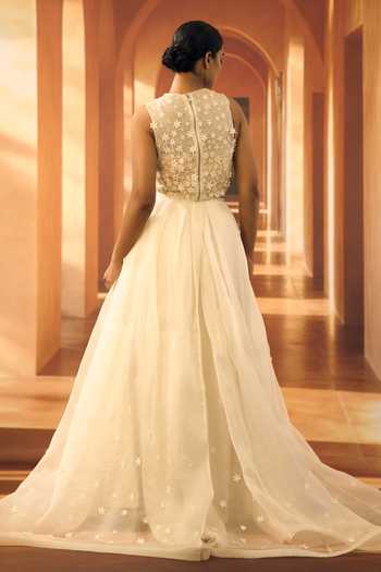 Buy_Vivek Karunakaran_Off White Organza Round Neck Flower Embroidered Top _Online_at_Aza_Fashions