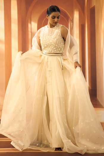 Shop_Vivek Karunakaran_Off White Organza Round Neck Flower Embroidered Top _Online_at_Aza_Fashions