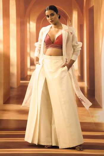 Shop Vivek Karunakaran Ivory Organza V-, Collared Flower Embroidered Jacket Online at Aza Fashions Shop_Vivek Karunakaran_Ivory Organza V-, Collared Flower Embroidered Jacket _Online_at_Aza_Fashions
