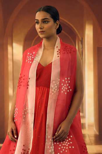 Vivek Karunakaran_Red Organza V-neck Flower Applique Work Jacket With Dress _Online_at_Aza_Fashions