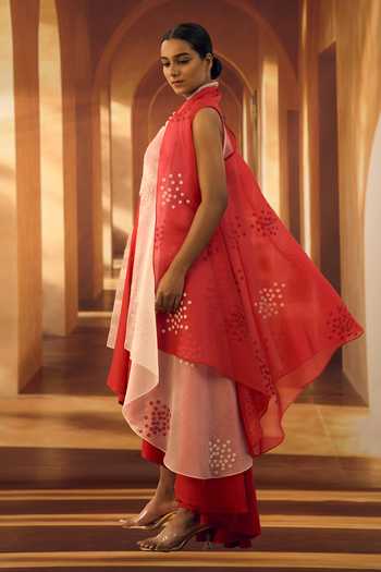 Buy_Vivek Karunakaran_Red Organza V-neck Flower Applique Work Jacket With Dress _Online_at_Aza_Fashions