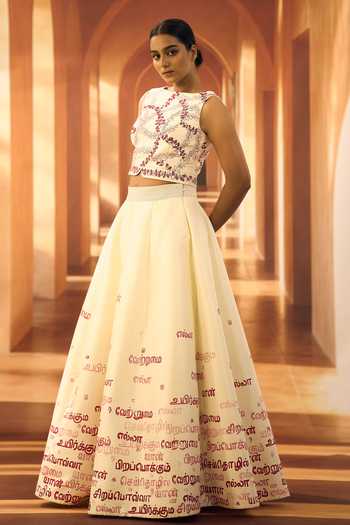 Vivek Karunakaran_Cream Silk Round Neck Raw Crop Top _Online_at_Aza_Fashions