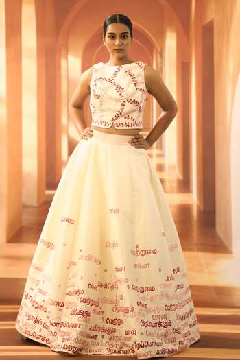Buy_Vivek Karunakaran_Cream Silk Round Neck Raw Crop Top _Online_at_Aza_Fashions