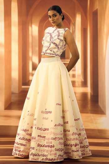 Buy_Vivek Karunakaran_Cream Silk Raw Embroidered Lehenga _Online_at_Aza_Fashions