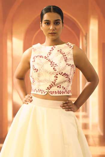 Vivek Karunakaran_Cream Silk Round Neck Block Print Top And Lehenga Set _Online_at_Aza_Fashions