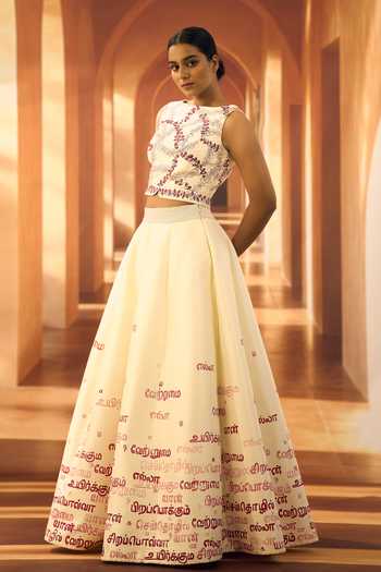 Buy_Vivek Karunakaran_Cream Silk Round Neck Block Print Top And Lehenga Set _Online_at_Aza_Fashions