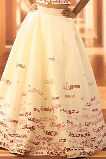 Shop_Vivek Karunakaran_Cream Silk Round Neck Block Print Top And Lehenga Set _Online_at_Aza_Fashions