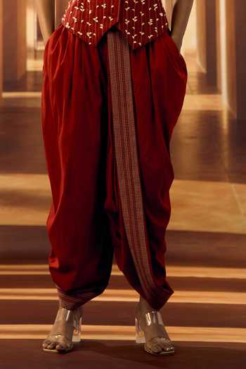Vivek Karunakaran Red Cotton V-neck Stripe Embroidered Waistcoat And Dhoti Pant Set Online at Aza Fashions Vivek Karunakaran_Red Cotton V-neck Stripe Embroidered Waistcoat And Dhoti Pant Set _Online_at_Aza_Fashions