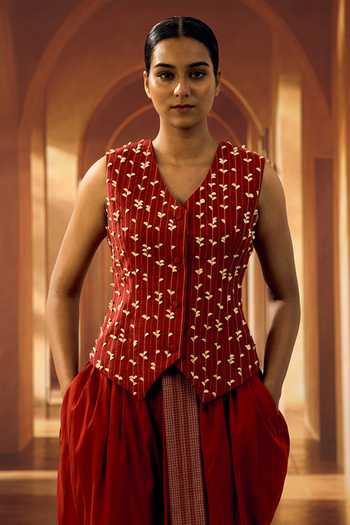 Buy Vivek Karunakaran Red Cotton V-neck Stripe Embroidered Waistcoat at Aza Fashions Buy_Vivek Karunakaran_Red Cotton V-neck Stripe Embroidered Waistcoat _at_Aza_Fashions