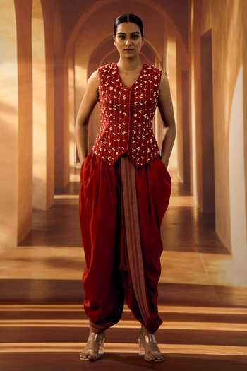 Vivek Karunakaran Red Cotton V-neck Stripe Embroidered Waistcoat Online at Aza Fashions Vivek Karunakaran_Red Cotton V-neck Stripe Embroidered Waistcoat _Online_at_Aza_Fashions