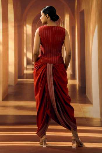 Shop Vivek Karunakaran Red Cotton V-neck Stripe Embroidered Waistcoat at Aza Fashions Shop_Vivek Karunakaran_Red Cotton V-neck Stripe Embroidered Waistcoat _at_Aza_Fashions