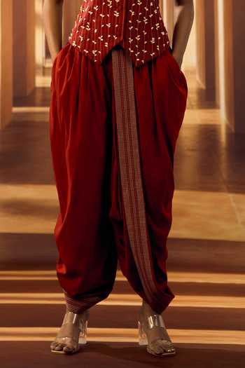 Vivek Karunakaran_Red Cotton Border Embroidered Draped Pant _Online_at_Aza_Fashions