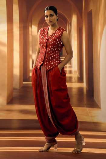 Buy_Vivek Karunakaran_Red Cotton Border Embroidered Draped Pant _Online_at_Aza_Fashions