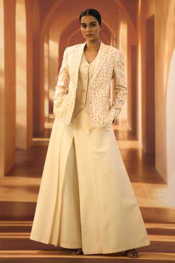 Vivek Karunakaran_Pink Silk Collared Neck Printed Jacket _Online_at_Aza_Fashions