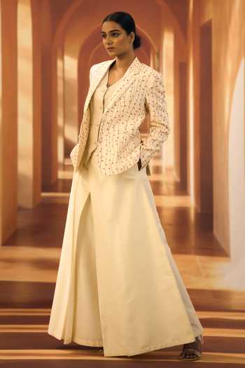 Buy_Vivek Karunakaran_Pink Silk Collared Neck Printed Jacket _Online_at_Aza_Fashions