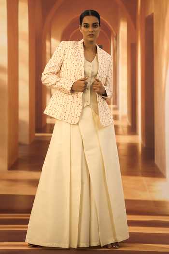 Shop_Vivek Karunakaran_Pink Silk Collared Neck Printed Jacket _Online_at_Aza_Fashions