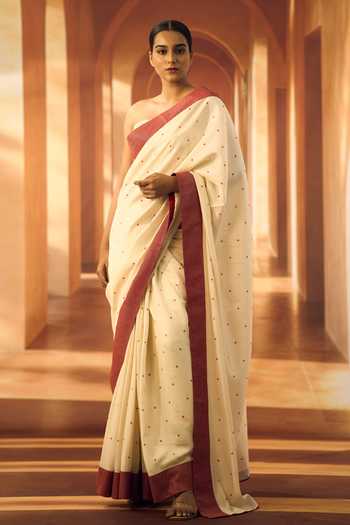 Shop_Vivek Karunakaran_Cream Silk, Cotton Bandeau Neck Malli Mozhi Print Saree With Blouse _Online_at_Aza_Fashions