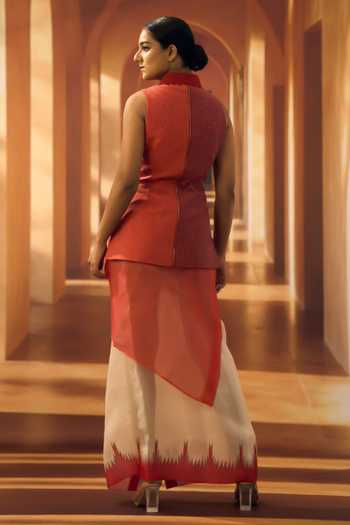 Vivek Karunakaran_Red Cotton Thread Embroidered Waistcoat _Online_at_Aza_Fashions