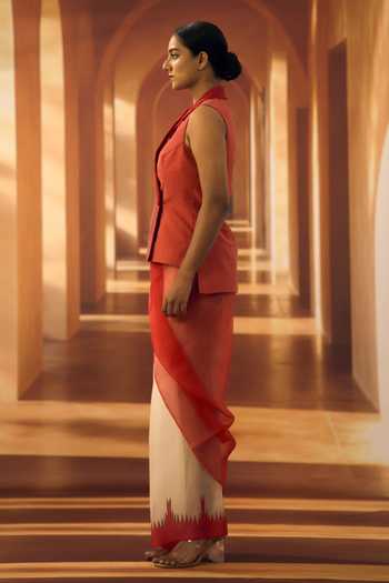 Buy_Vivek Karunakaran_Red Cotton Thread Embroidered Waistcoat _Online_at_Aza_Fashions