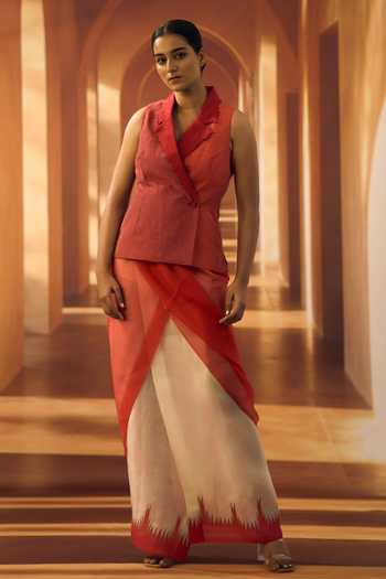 Shop_Vivek Karunakaran_Red Cotton Thread Embroidered Waistcoat _Online_at_Aza_Fashions