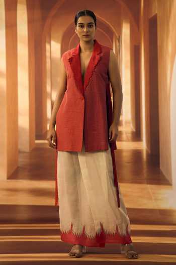 Vivek Karunakaran_Red Cotton Shawl Neck Thread Embroidered Waistcoat _Online_at_Aza_Fashions