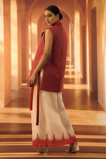 Buy_Vivek Karunakaran_Red Cotton Shawl Neck Thread Embroidered Waistcoat _Online_at_Aza_Fashions