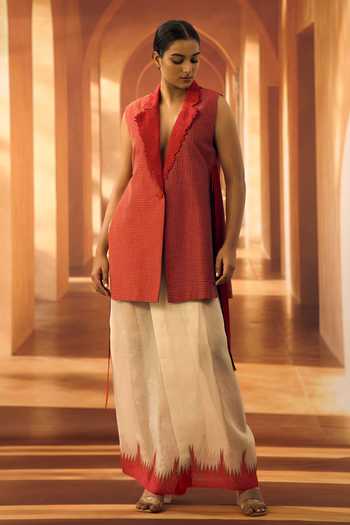 Shop_Vivek Karunakaran_Red Cotton Shawl Neck Thread Embroidered Waistcoat _Online_at_Aza_Fashions