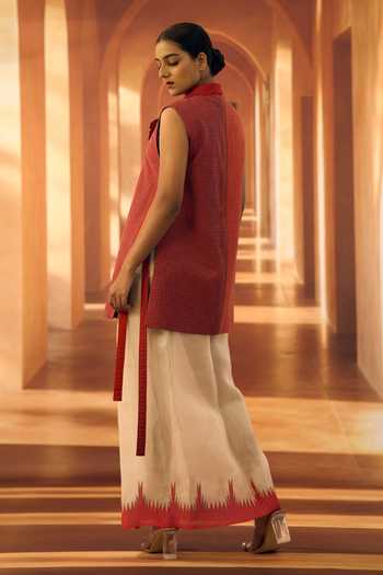 Vivek Karunakaran_Red Cotton Shawl Neck Thread Embroidered Waistcoat _at_Aza_Fashions