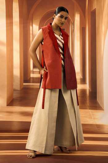 Buy_Vivek Karunakaran_Red Cotton Shawl Neck Thread Embroidered Waistcoat 