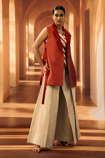 Shop_Vivek Karunakaran_Red Cotton Shawl Neck Thread Embroidered Waistcoat 