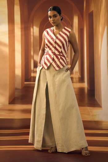Vivek Karunakaran_Red Cotton V-neck Stripe Pattern Waistcoat _Online_at_Aza_Fashions