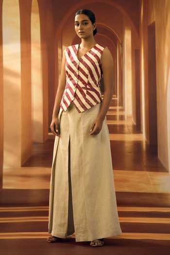 Buy_Vivek Karunakaran_Red Cotton V-neck Stripe Pattern Waistcoat _Online_at_Aza_Fashions