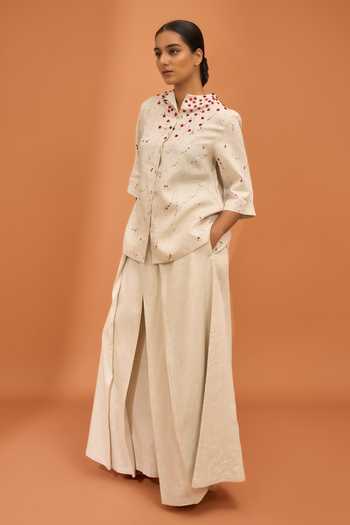 Vivek Karunakaran Off White Linen Mandarin Collar Splatter Paint Shirt And Palazzo Set Online at Aza Fashions Vivek Karunakaran_Off White Linen Mandarin Collar Splatter Paint Shirt And Palazzo Set _Online_at_Aza_Fashions