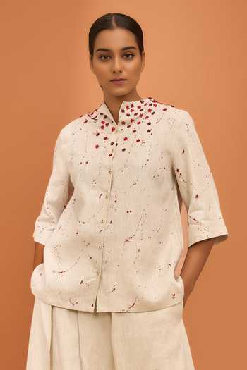 Shop Vivek Karunakaran Off White Linen Mandarin Collar Splatter Paint Shirt And Palazzo Set Online at Aza Fashions Shop_Vivek Karunakaran_Off White Linen Mandarin Collar Splatter Paint Shirt And Palazzo Set _Online_at_Aza_Fashions
