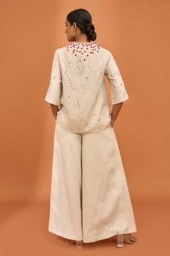 Shop Vivek Karunakaran Beige Linen Plain Pleated Palazzo at Aza Fashions Shop_Vivek Karunakaran_Beige Linen Plain Pleated Palazzo _at_Aza_Fashions