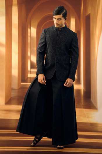 Vivek Karunakaran_Black Silk Embroidery Paisley Work Ceremonial Bandhgala _Online_at_Aza_Fashions