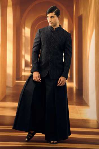 Buy_Vivek Karunakaran_Black Silk Embroidery Paisley Work Ceremonial Bandhgala _Online_at_Aza_Fashions