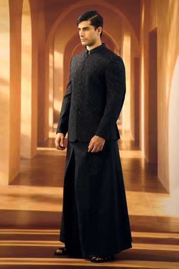 Shop_Vivek Karunakaran_Black Silk Embroidery Paisley Work Ceremonial Bandhgala _Online_at_Aza_Fashions