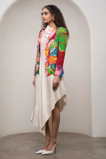 Advait_Multi Color Crepe, Satin Cowl Neck Sorel Printed Blazer With Dress _Online_at_Aza_Fashions