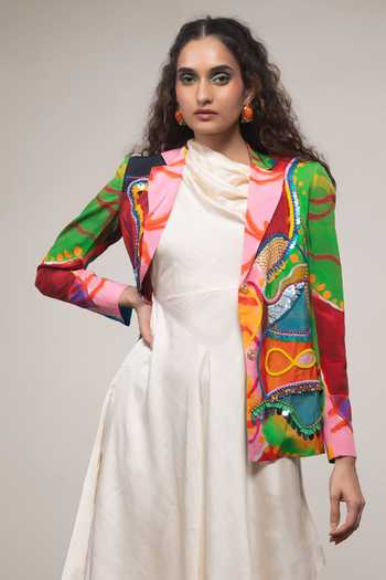 Buy_Advait_Multi Color Crepe, Satin Cowl Neck Sorel Printed Blazer With Dress _Online_at_Aza_Fashions