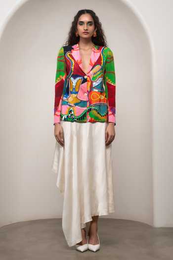Shop_Advait_Multi Color Crepe, Satin Cowl Neck Sorel Printed Blazer With Dress _Online_at_Aza_Fashions