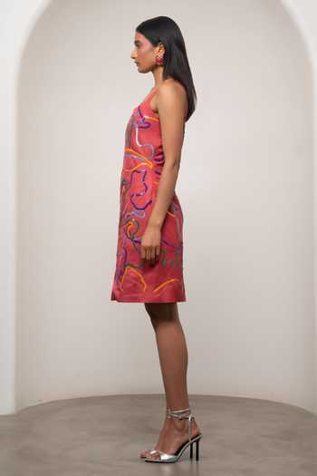 Advait_Pink Satin, Bemberg Square Neck Sena Embroidered Dress _Online_at_Aza_Fashions