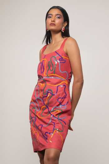 Buy_Advait_Pink Satin, Bemberg Square Neck Sena Embroidered Dress _Online_at_Aza_Fashions