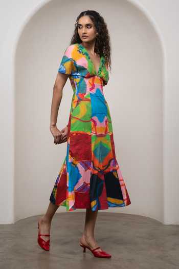 Buy_Advait_Multi Color Poplin V-neck Sorel Midi Dress _Online_at_Aza_Fashions
