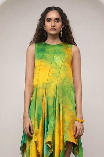 Advait_Green Satin, Bemberg Round Neck Lira Tinkerbell Dress _Online_at_Aza_Fashions