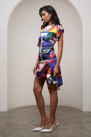 Advait Multi Color Satin, Bemberg Round Neck Varen Draped Short Dress Online at Aza Fashions Advait_Multi Color Satin, Bemberg Round Neck Varen Draped Short Dress _Online_at_Aza_Fashions